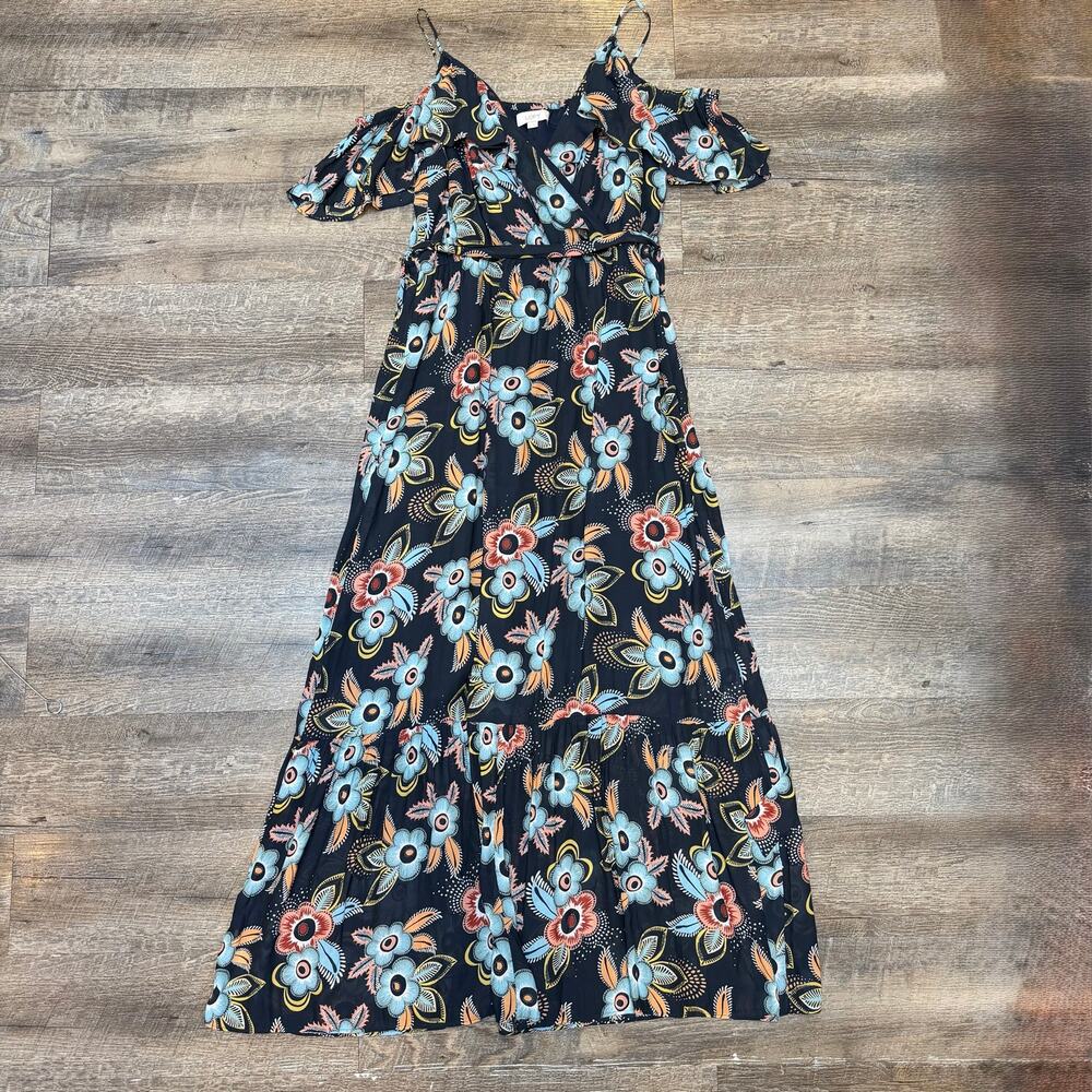 LOFT Cold Shoulder Ruffle Floral Tiered Maxi Dress Navy Blue Light Blue L
